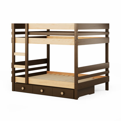 Wooden bunk bed with side ladder access and under bed drawers in natural and dark wood tones.