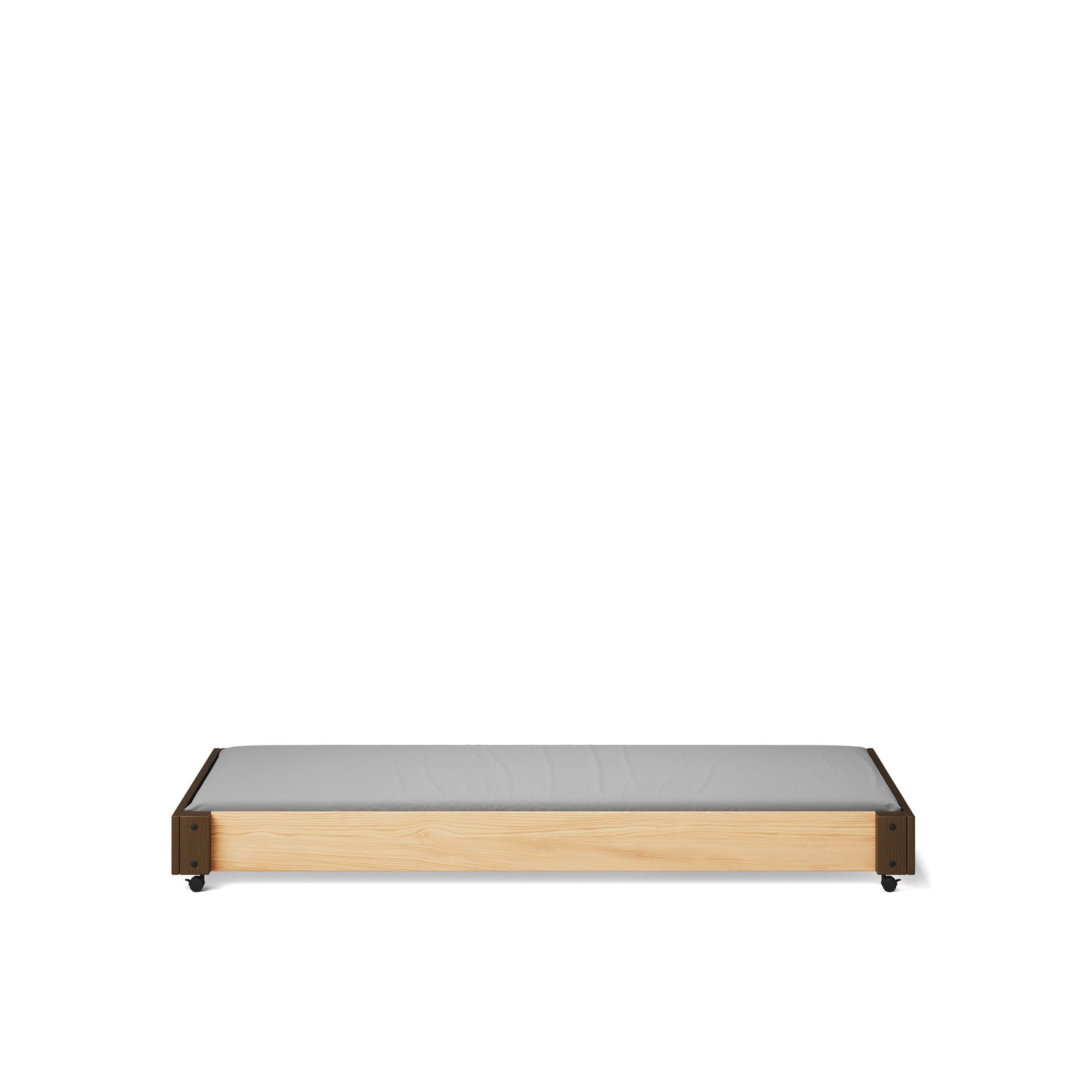 Wooden trundle bed base with caster wheels, natural elm finish, designed to fit under bunk bed with side ladder access.