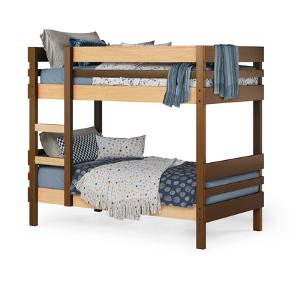 side ladder bunk bed angle view dressed finish_elm-clear