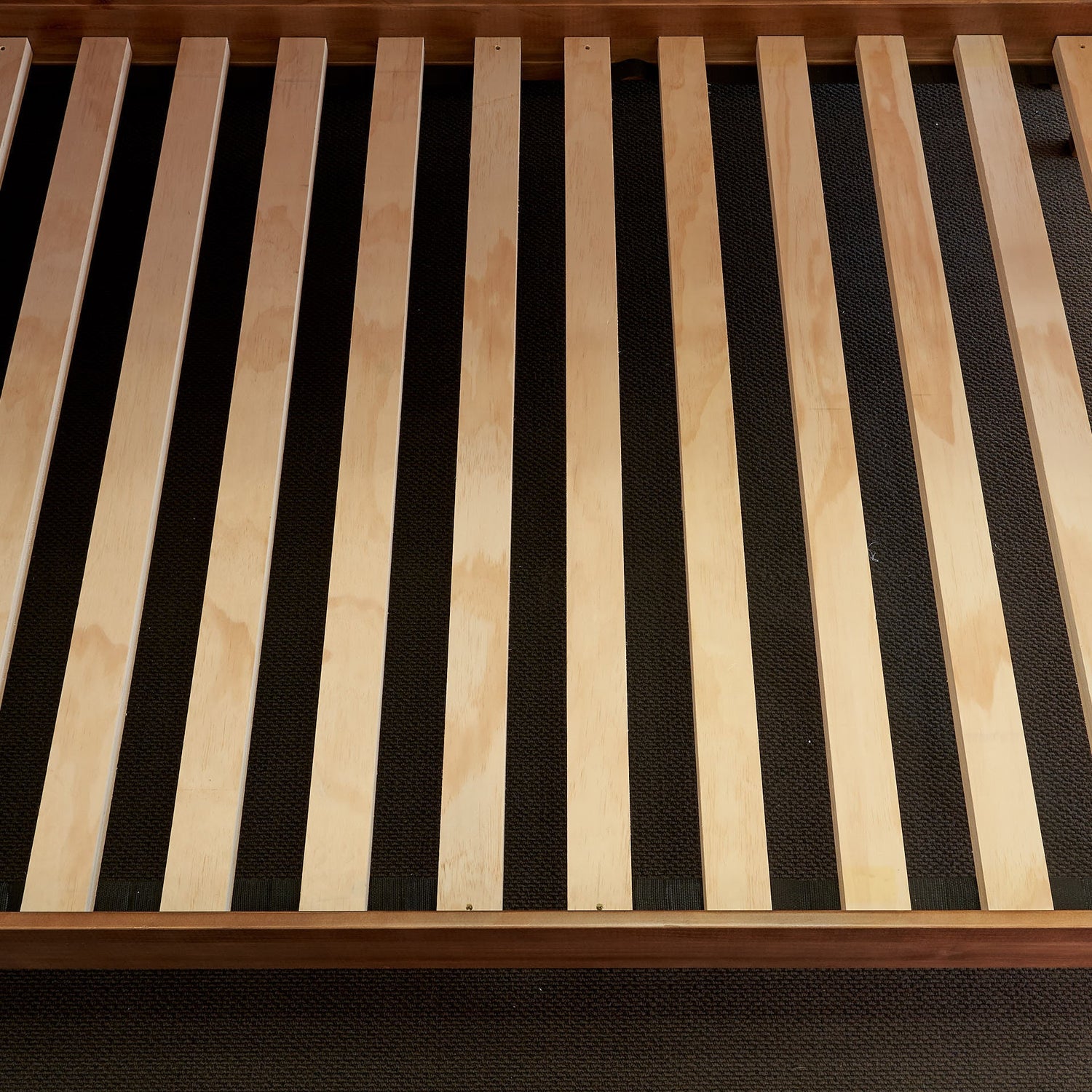 Solid timber double bunk bed slat base view from above