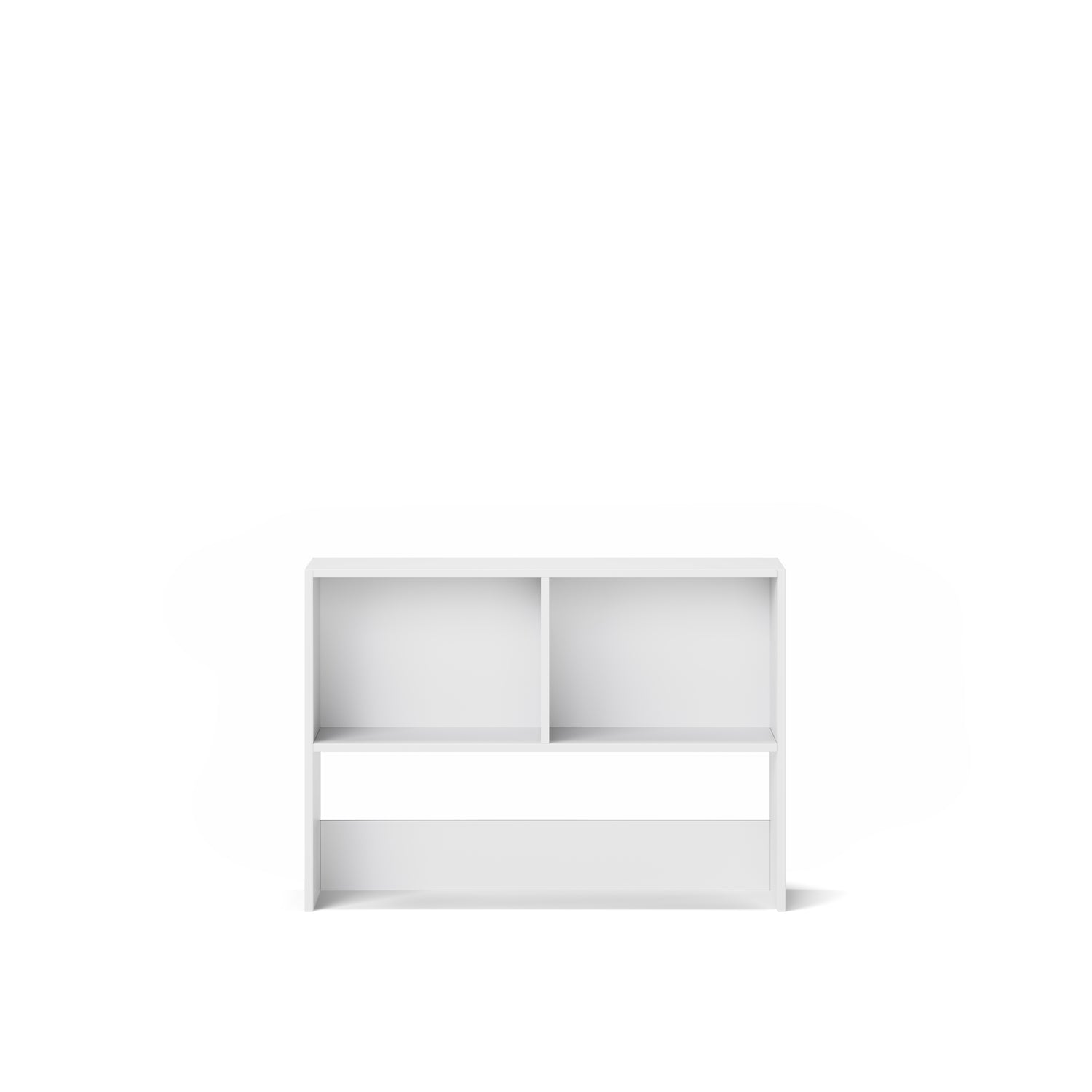 White small bookcase with two open shelves and a drawer, designed to fit under bunk bed or loft bed.