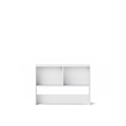 White small bookcase with two open shelves and a drawer, designed to fit under bunk bed or loft bed.