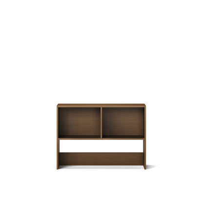 Small native elm bookcase with two upper shelves and an open lower compartment designed for bunk bed or loft bed use.