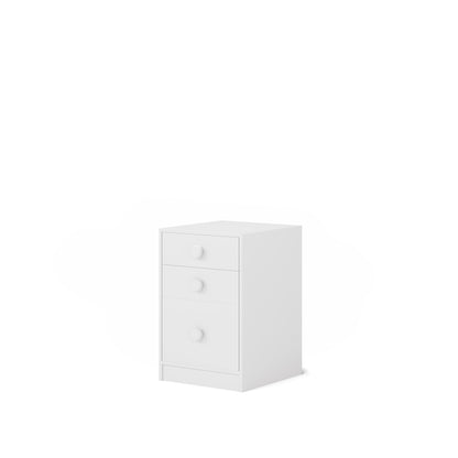 White small chest with three round knobs, designed for bunk bed or loft bed storage.
