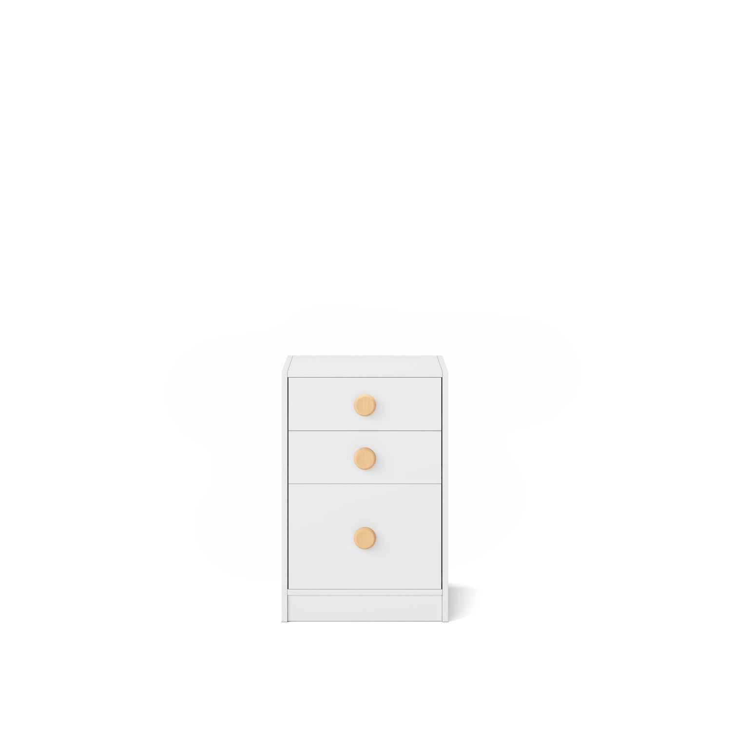 White small chest with three drawers and round wooden knobs, designed for bunk bed or loft bed use.