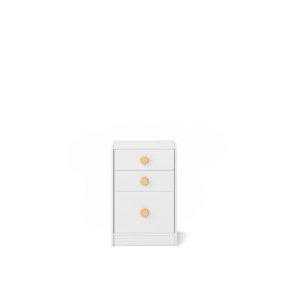 White small chest with three drawers and round wooden knobs, designed for bunk bed or loft bed use.