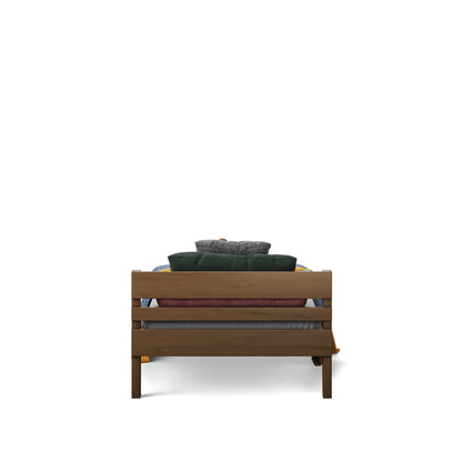 Native elm wooden bed frame with slatted headboard and dark bedding cushions.