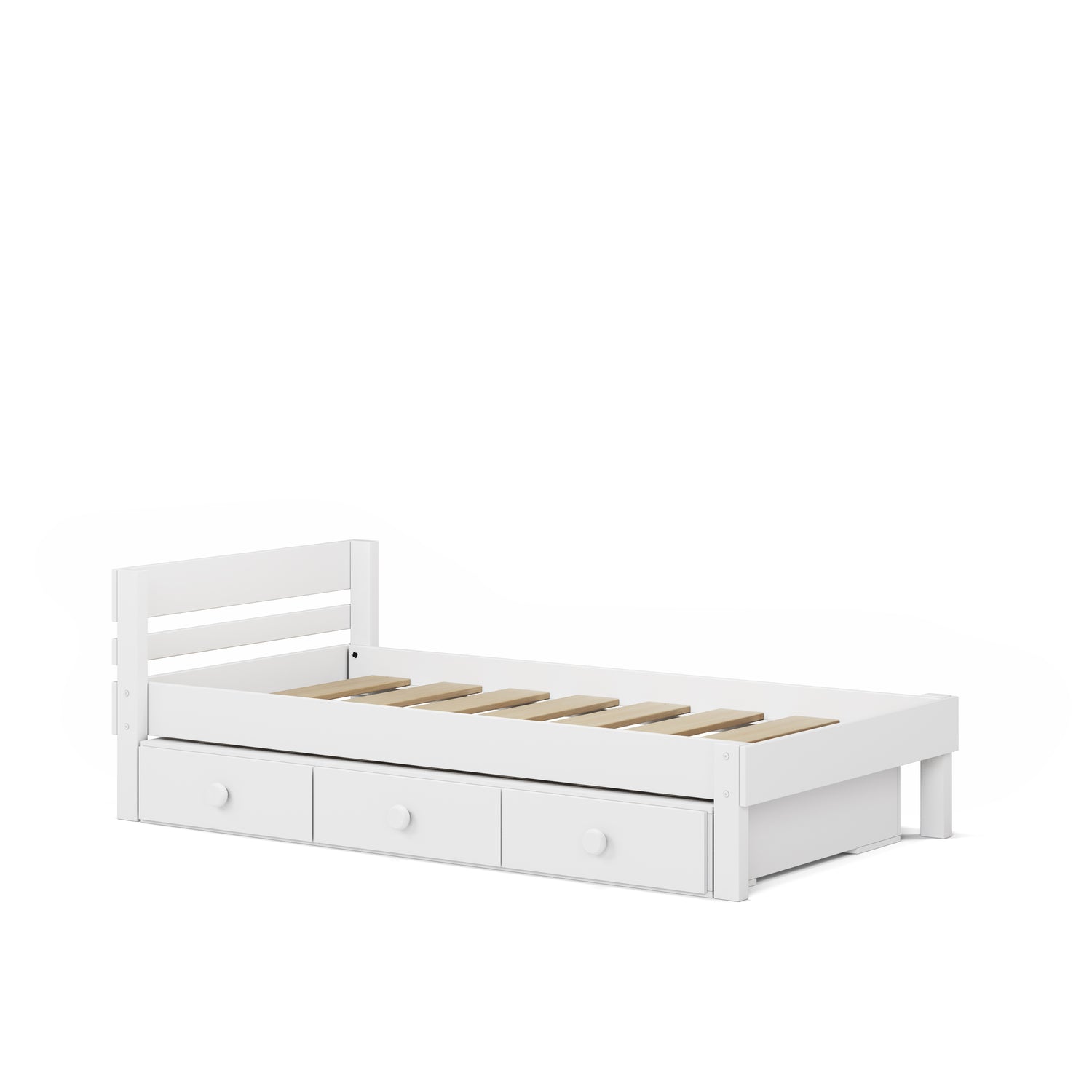 White single bed frame with slatted base and three under-bed drawers.