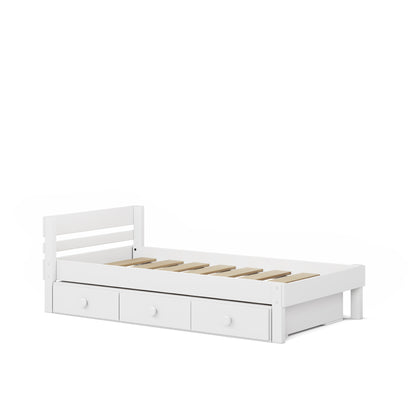 White single bed frame with slatted base and three under-bed drawers.