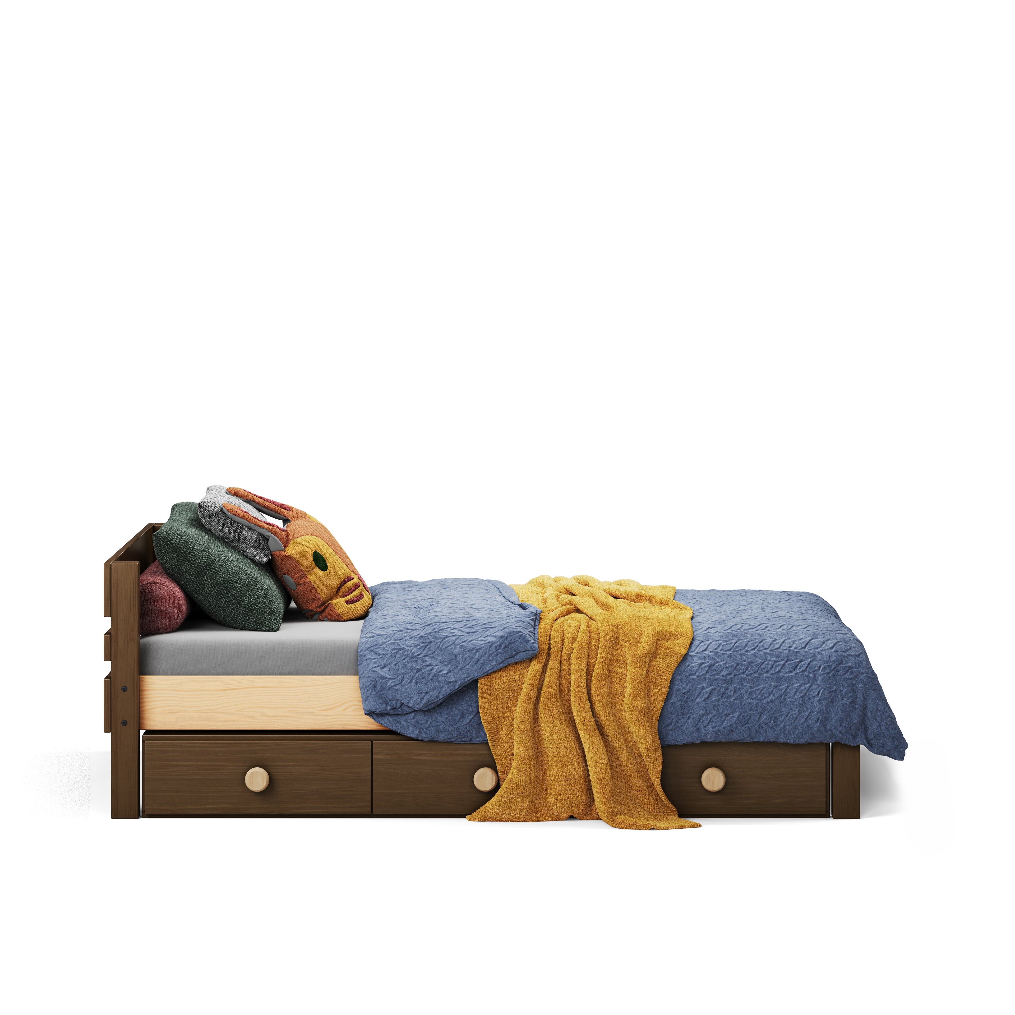 Brown wooden single bed with under-bed drawers, blue and mustard blankets, and pillows.