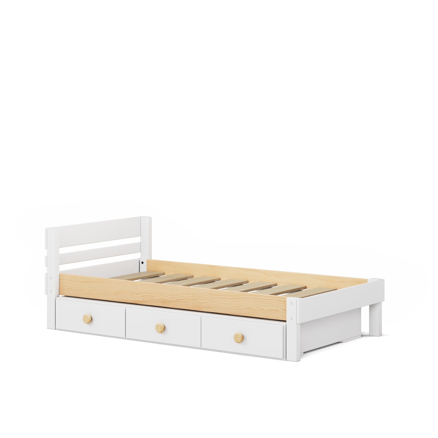 White single bed with slatted wooden base and three under-bed drawers with round knobs.