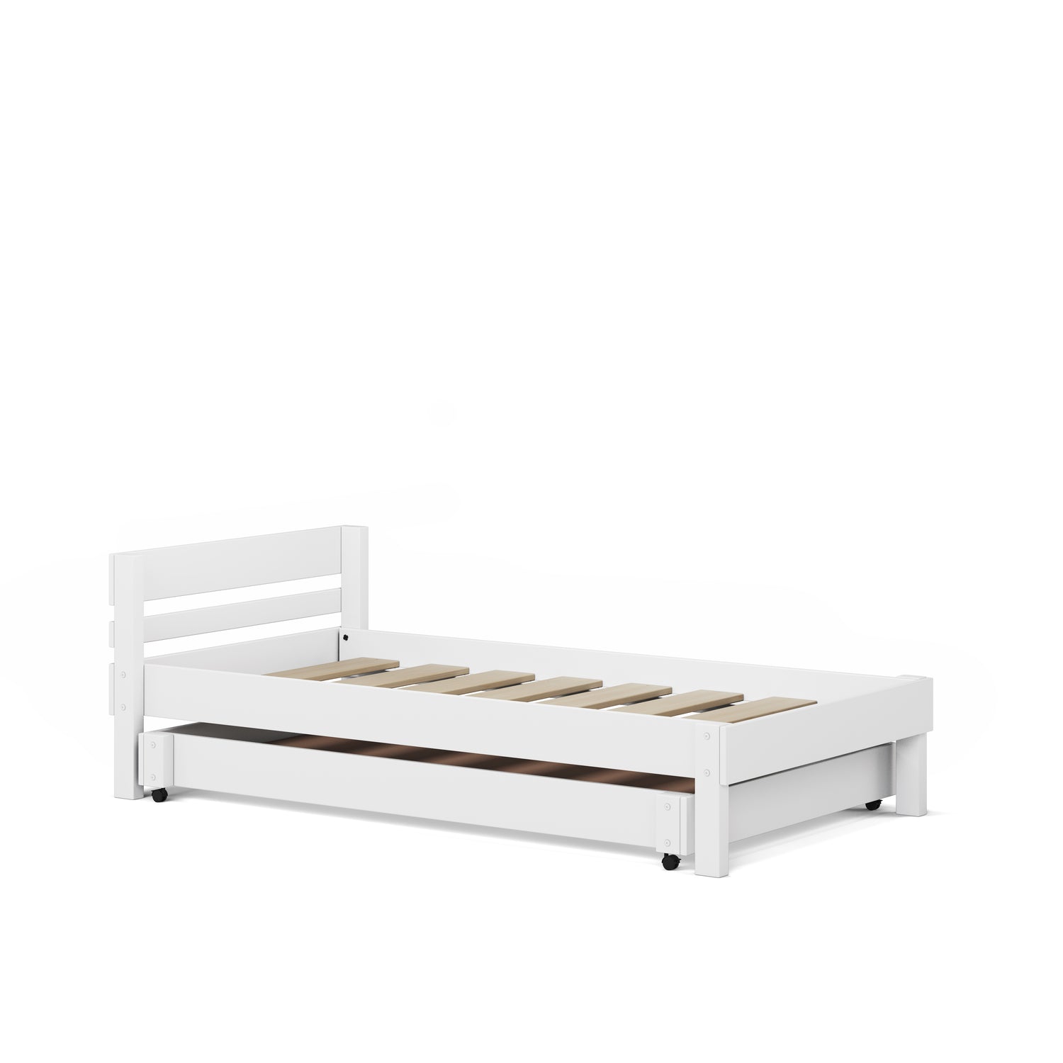White single wooden bed frame with slatted base and pull-out trundle underbed storage.