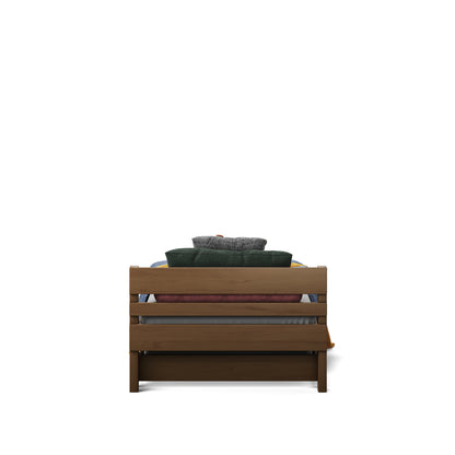 Native elm wooden bed frame with slatted headboard in queen size.