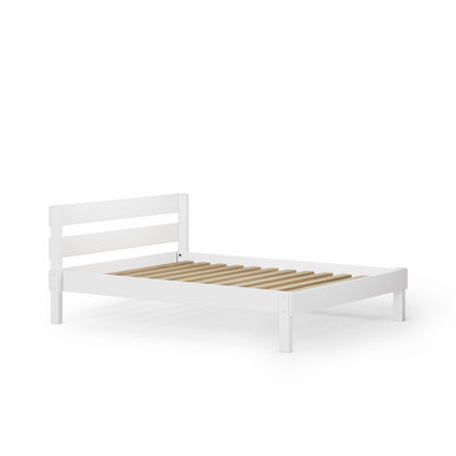 White single wooden bed frame with slatted base and simple headboard design.