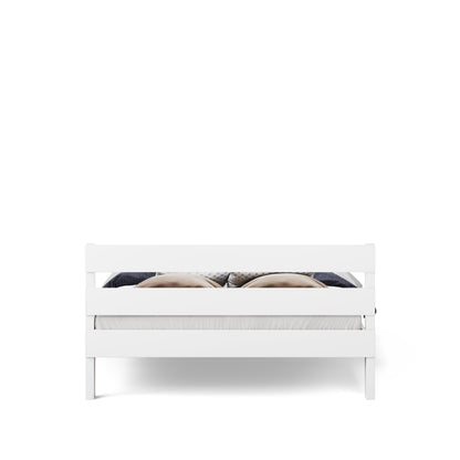 White wooden single bed with slatted headboard and footboard, minimalist design.