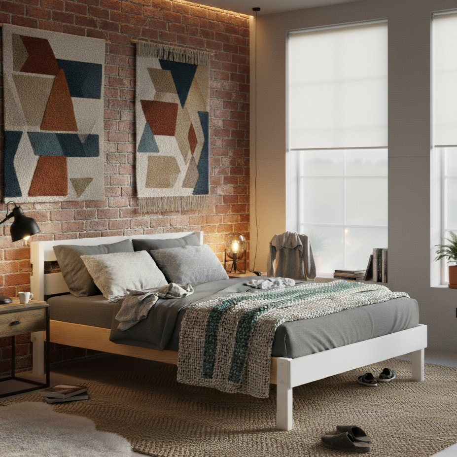 White double bed with minimalist frame, gray bedding, and textured knitted throw in cozy modern bedroom.