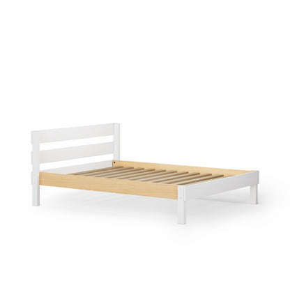 White wooden single bed frame with slatted base and simple horizontal headboard.