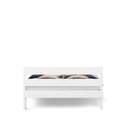 White single bed frame with slatted headboard and footboard, minimalist design.
