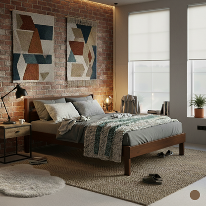 Queen bed with native elm frame, gray bedding, textured throw, and modern bedroom decor.