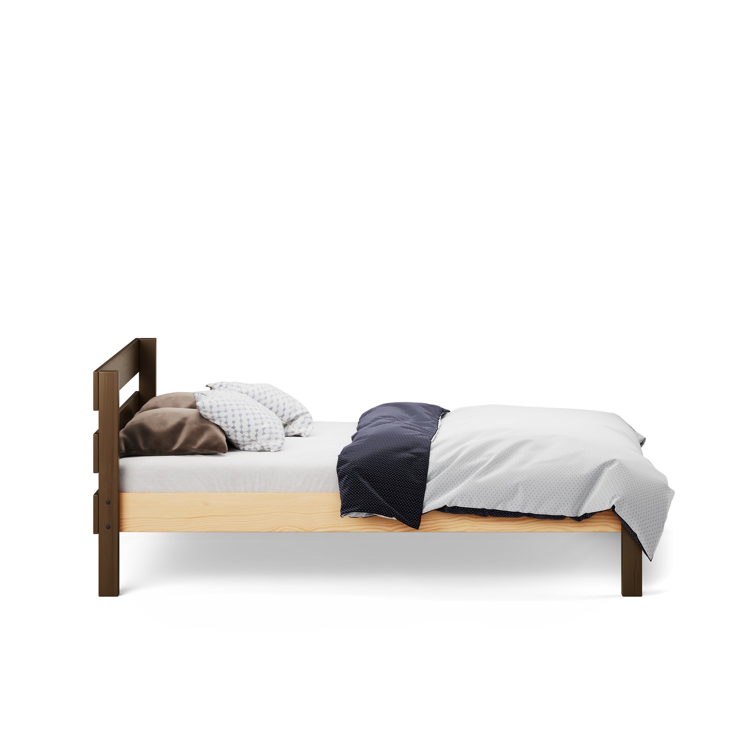 Native elm single bed with slatted headboard and neutral bedding.