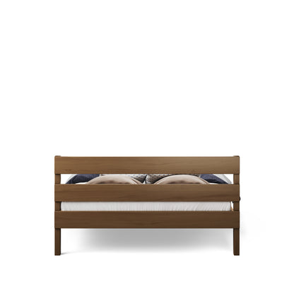 Native elm wood single bed frame with slatted headboard and footboard, minimalist design.