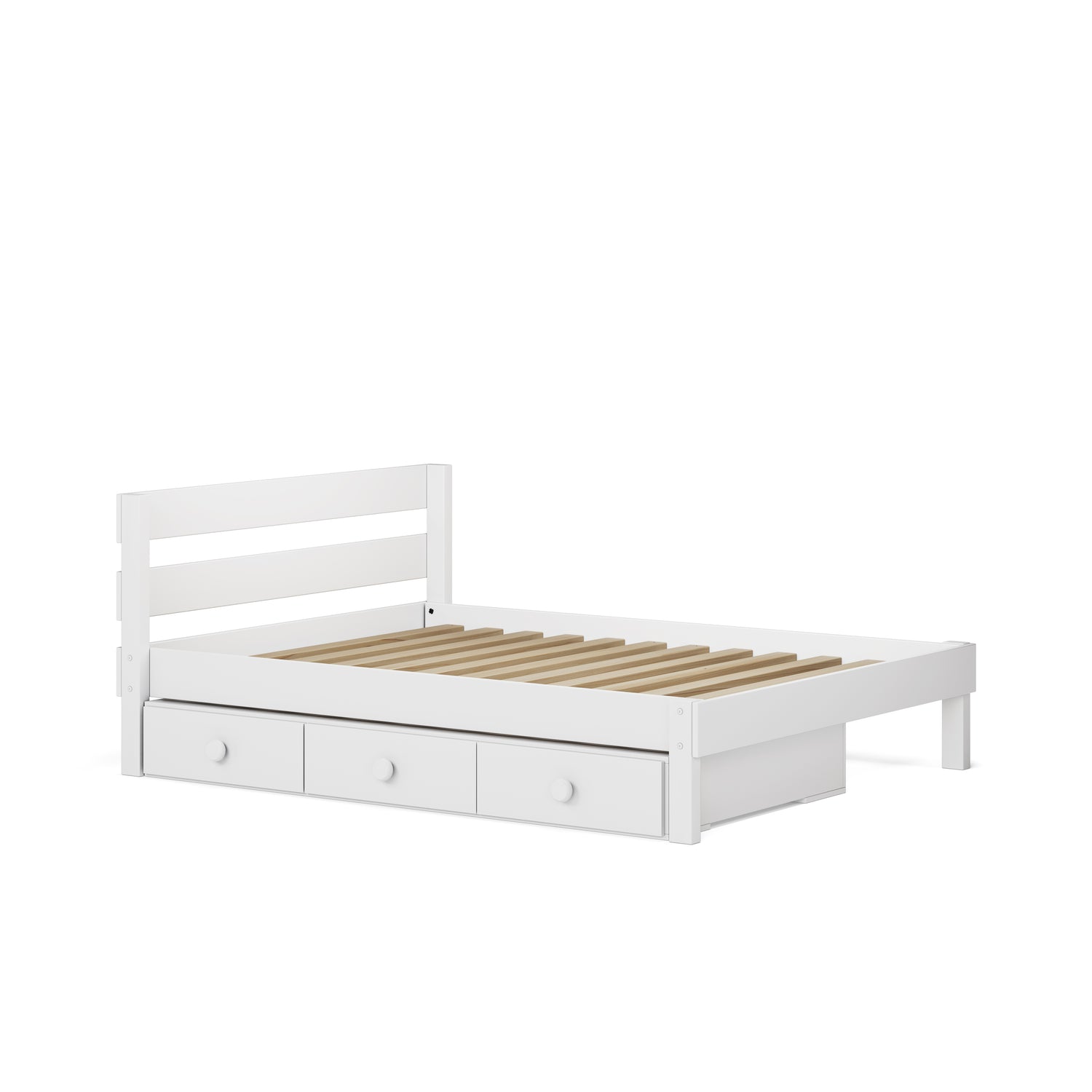 White single wooden bed with slatted base and three under-bed drawers.