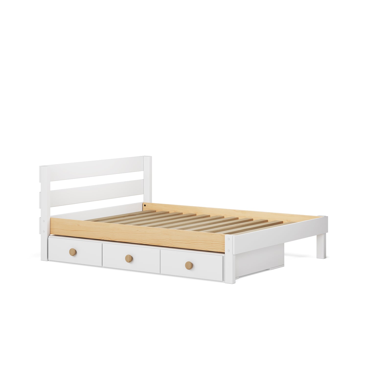White single bed with slatted headboard and three built-in under-bed drawers.