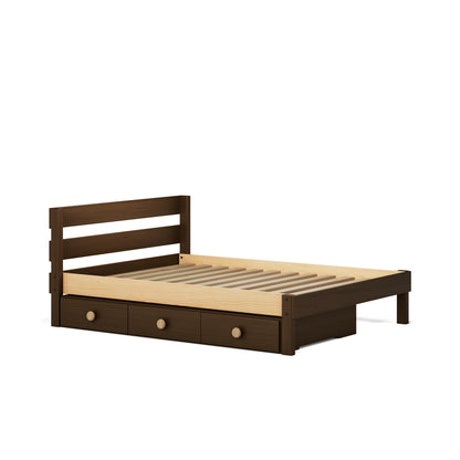 Native elm wood single bed with slatted headboard and under bed drawers.