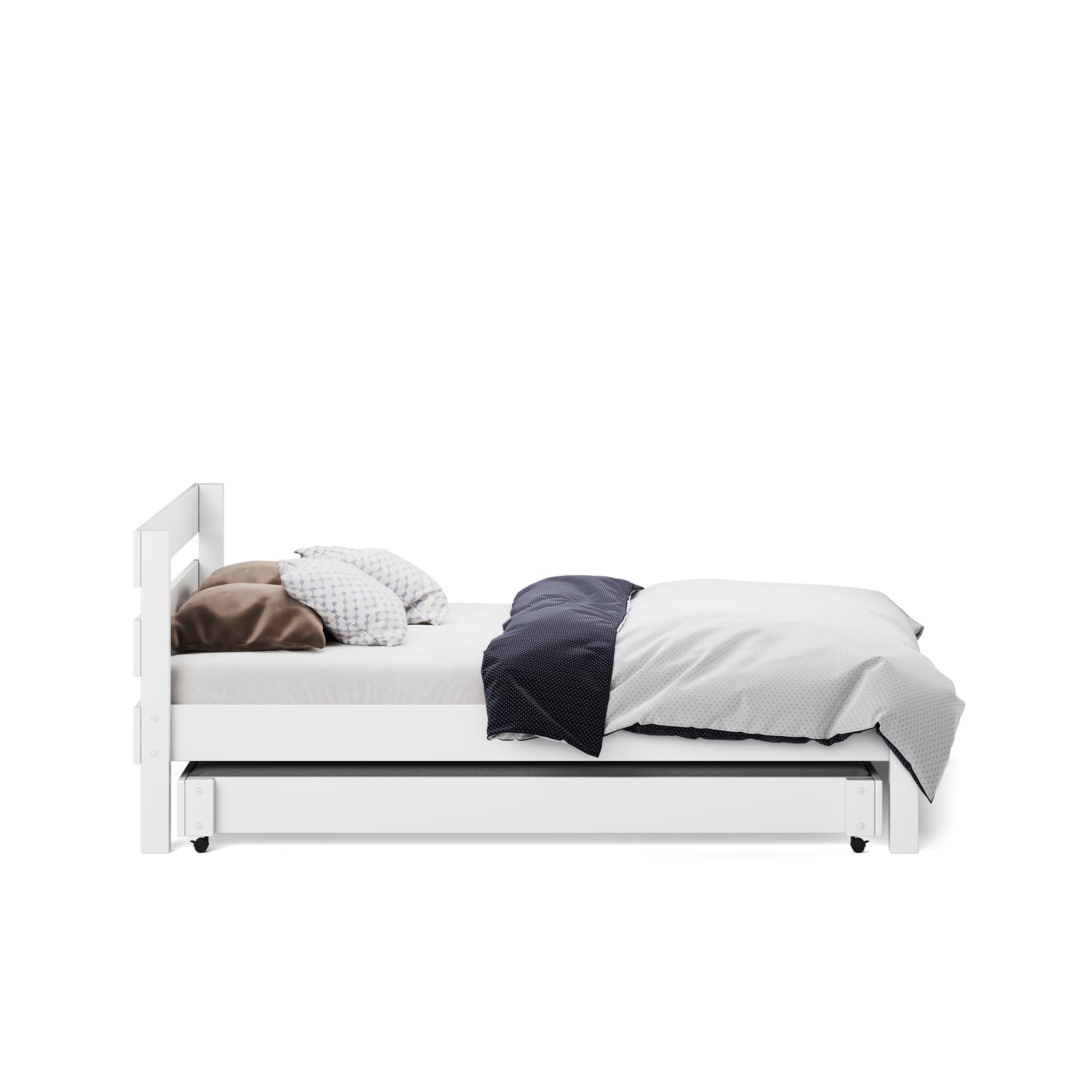 White single bed with under bed trundle, dressed with neutral and dark bedding.