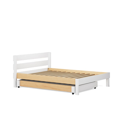 White single bed frame with slatted base and lower wooden storage drawer.
