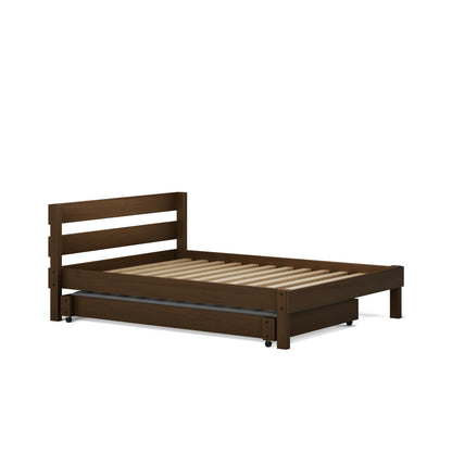 Dark wood single bed frame with slatted base and simple slatted headboard.