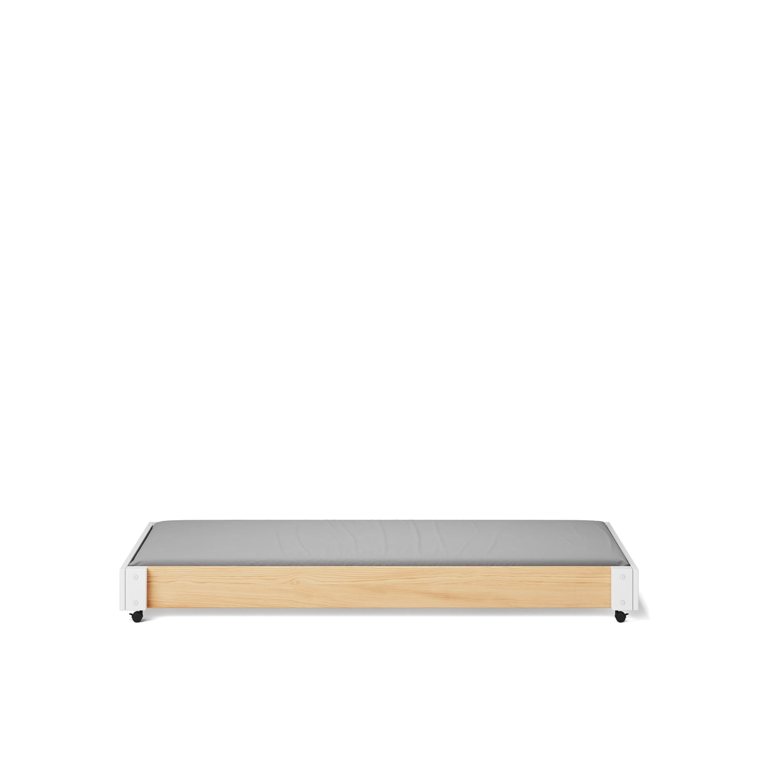 Low-profile wooden bed base with natural elm finish and white legs.