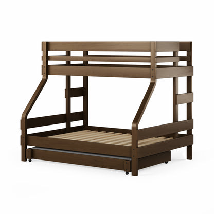 Native elm single over double bunk bed with sturdy slatted frames and angled supports.