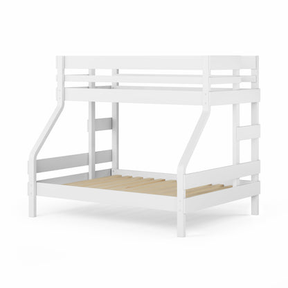 White wooden single over double bunk bed frame with safety rails and ladder.