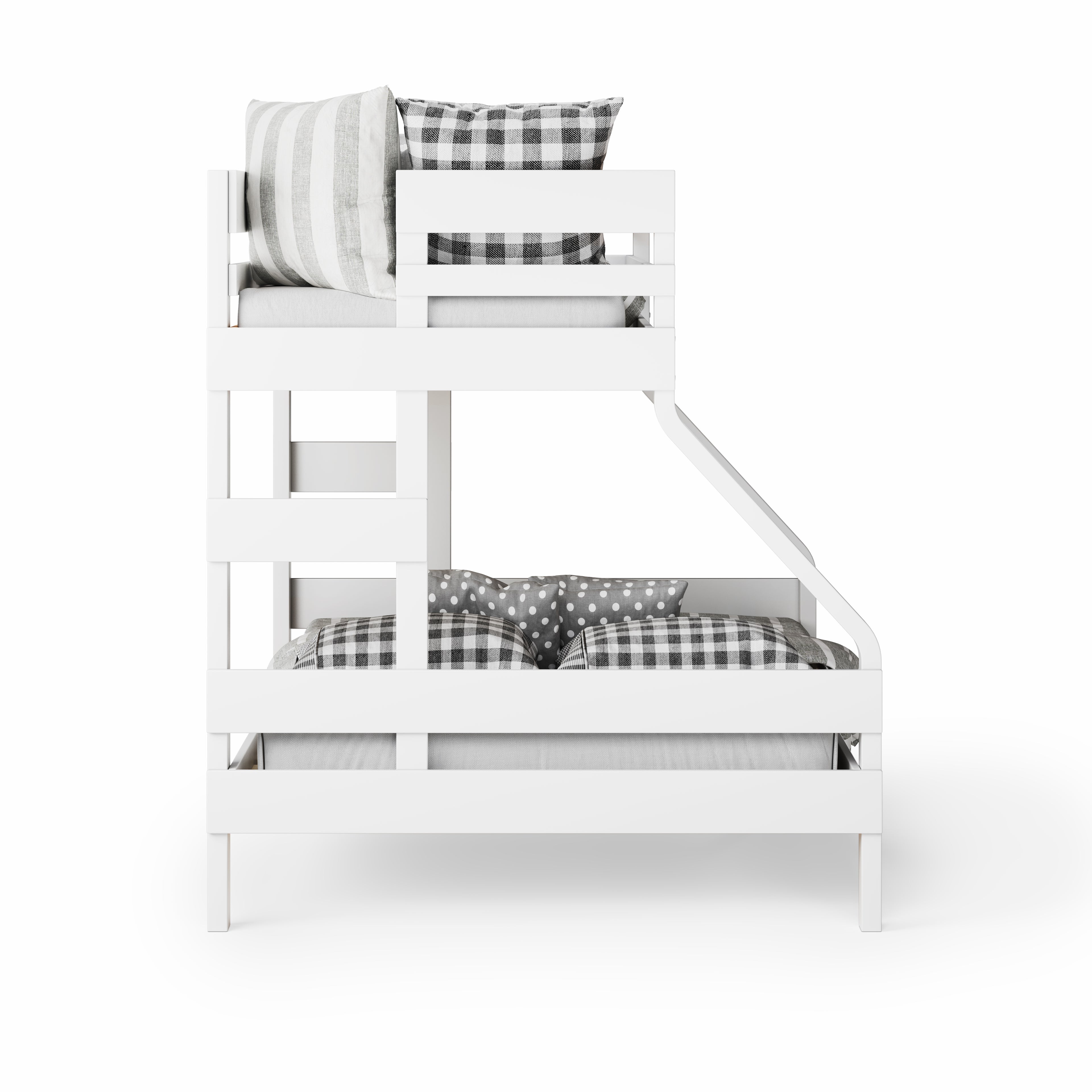 White single over double bunk bed with safety rails and patterned bedding.