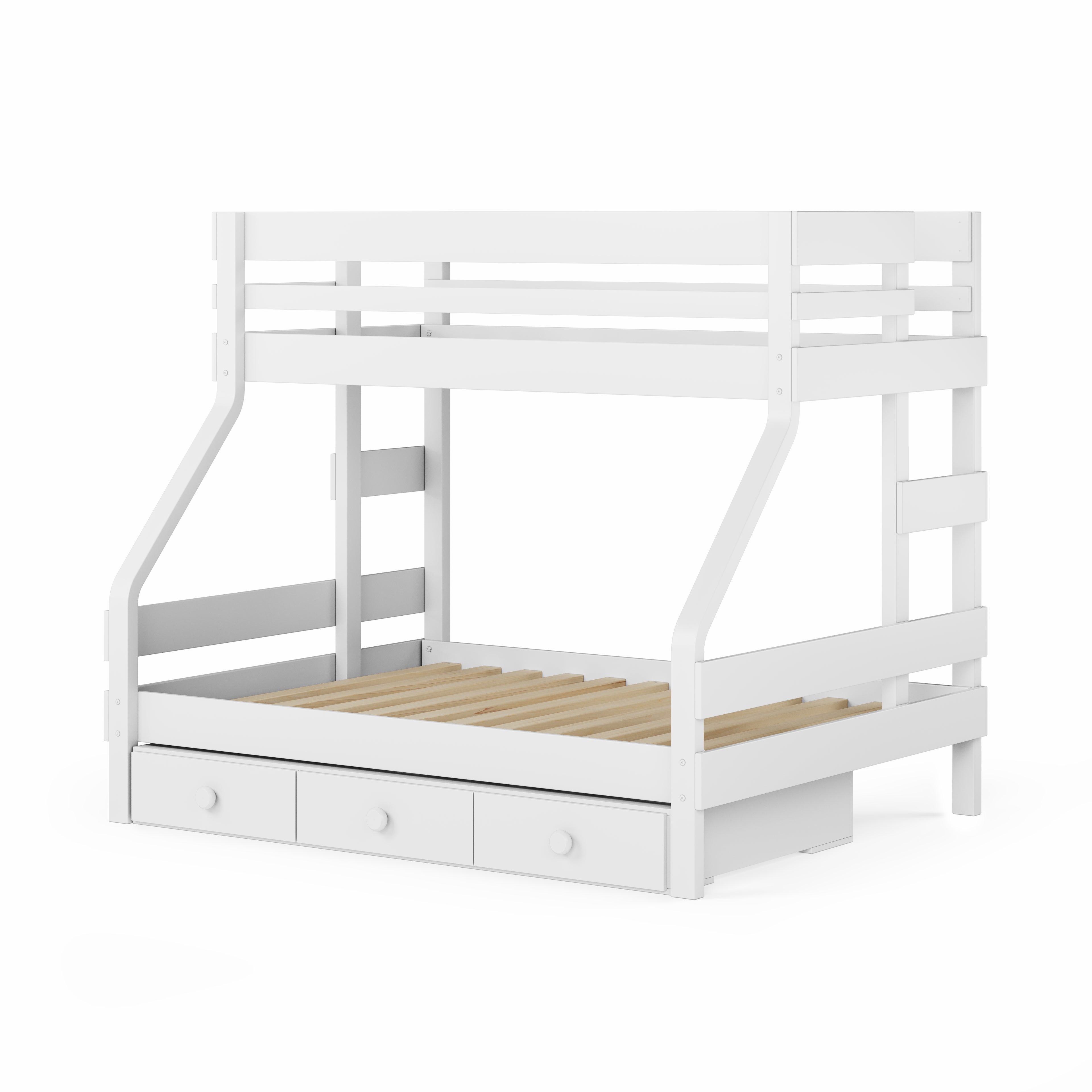 White single over double bunk bed with three under-bed drawers and safety rails.