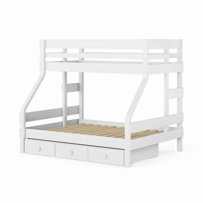 White single over double bunk bed with three under-bed drawers and safety rails.