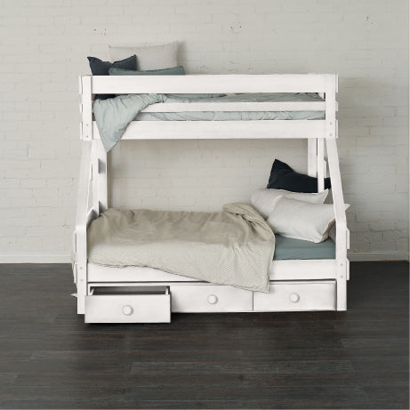 White single over double bunk bed with under bed drawers and simple rail design.
