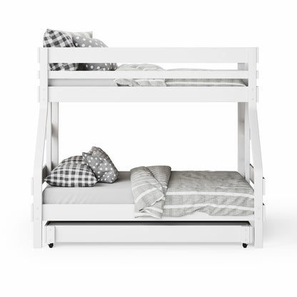 White single over double bunk bed with simple slat design and gray patterned bedding.