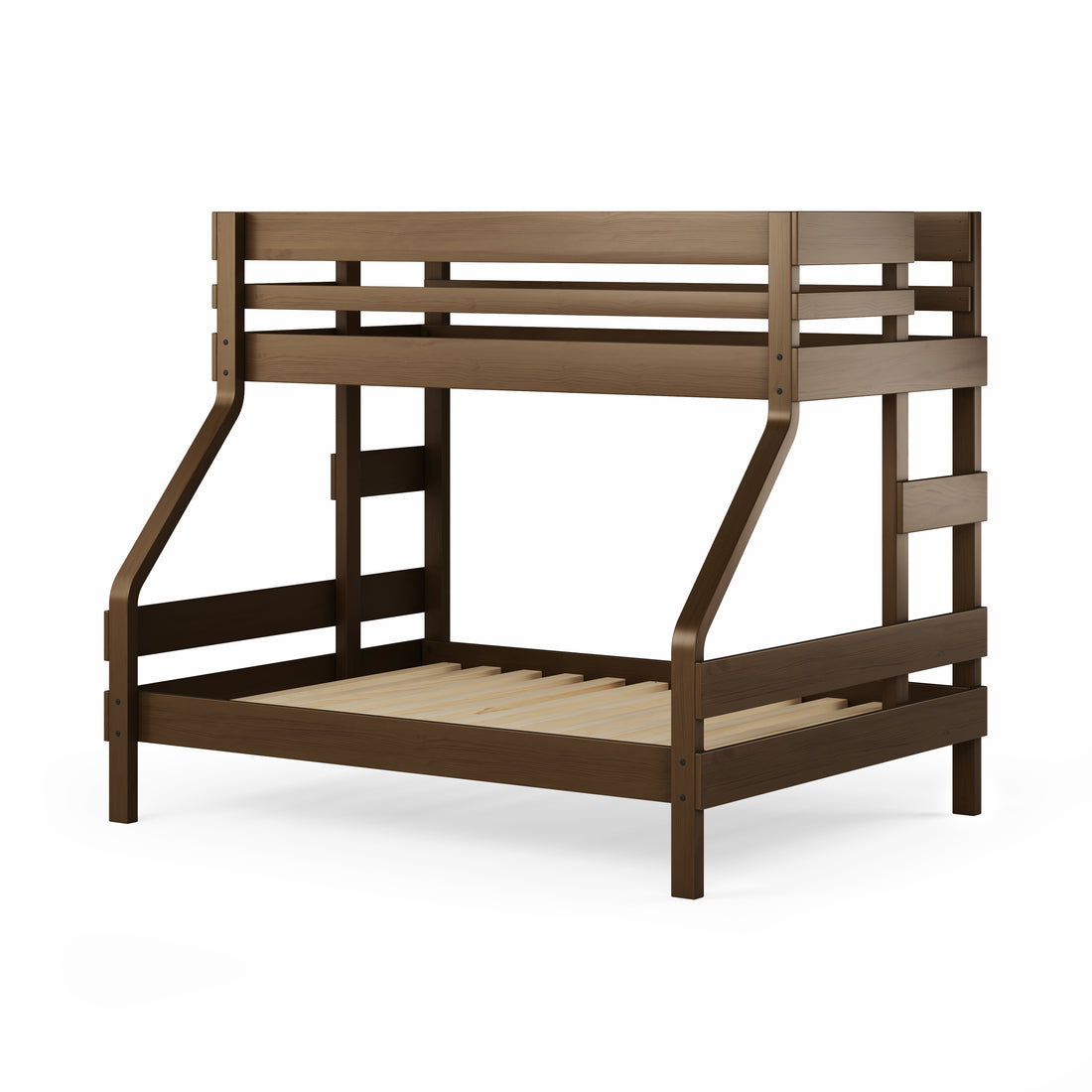 Native elm single over double bunk bed with clean, sturdy wooden frame and ladder rails.