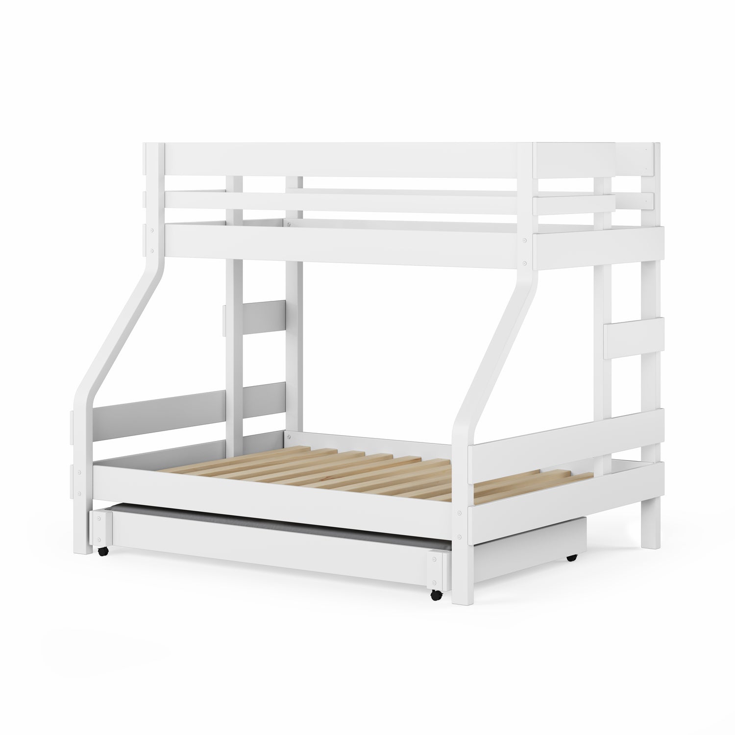 White single over double bunk bed with guardrails and built-in ladder, modern design.