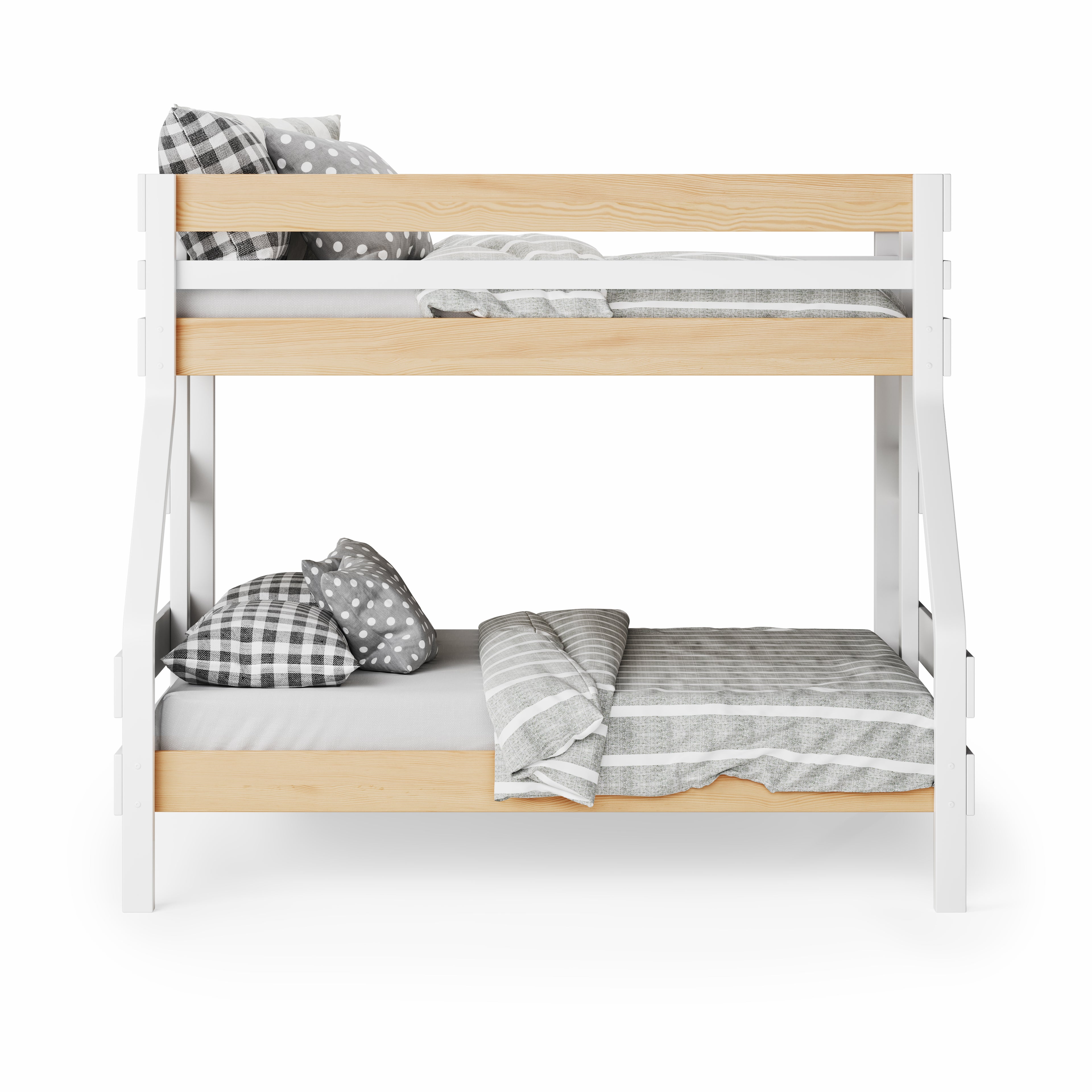 White and natural wood single over double bunk bed with gray plaid and solid bedding.
