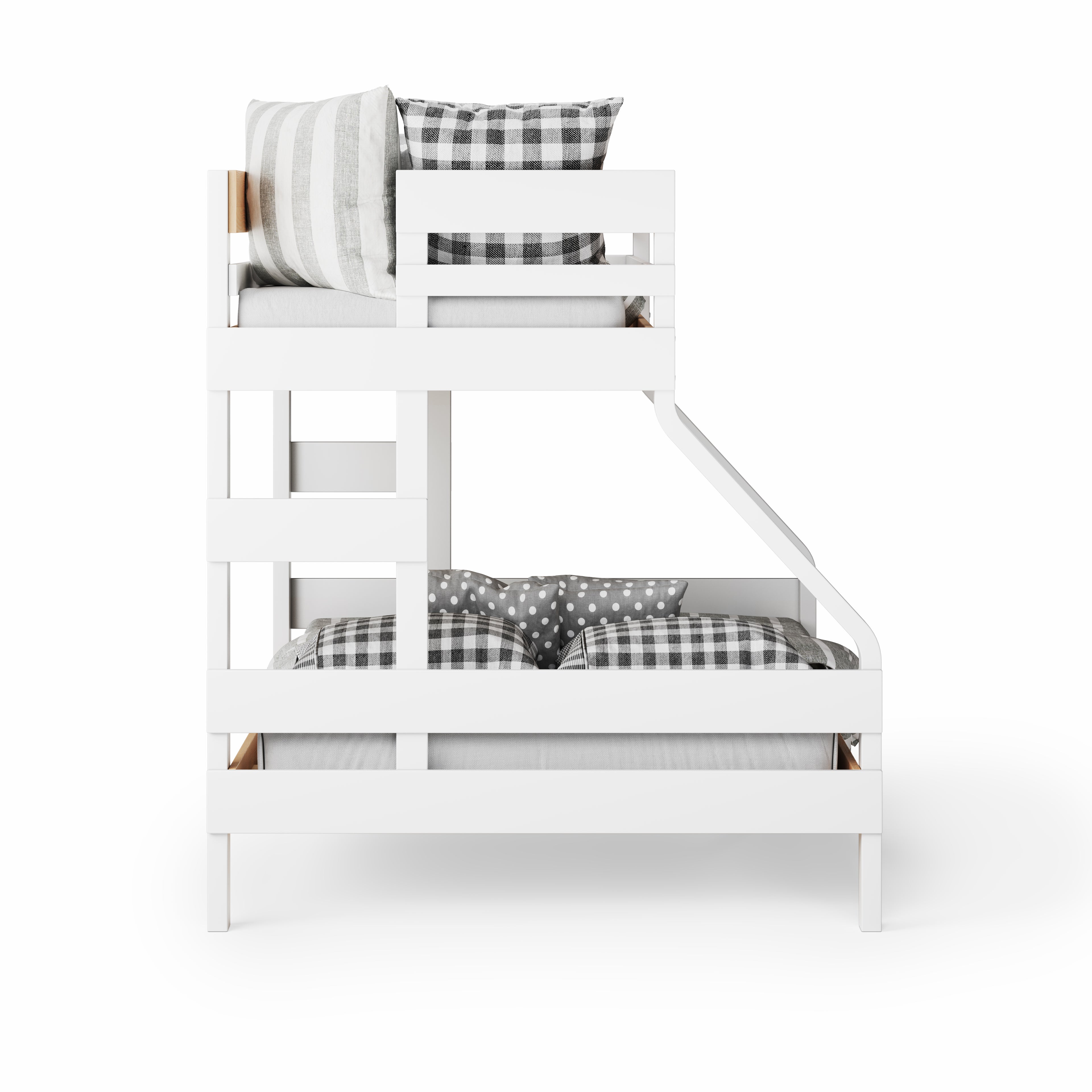 White wooden single over double bunk bed with checkered black and white bedding and built-in ladder.