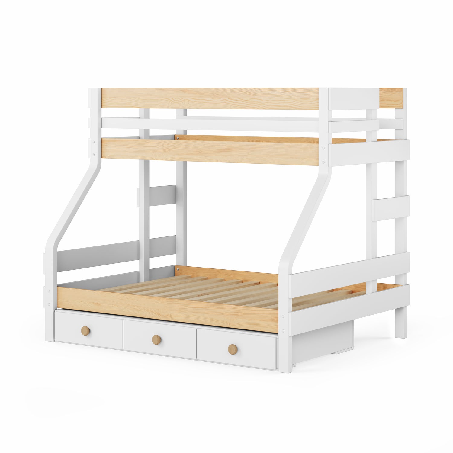 White single over double bunk bed with natural wood accents and three drawers underneath.