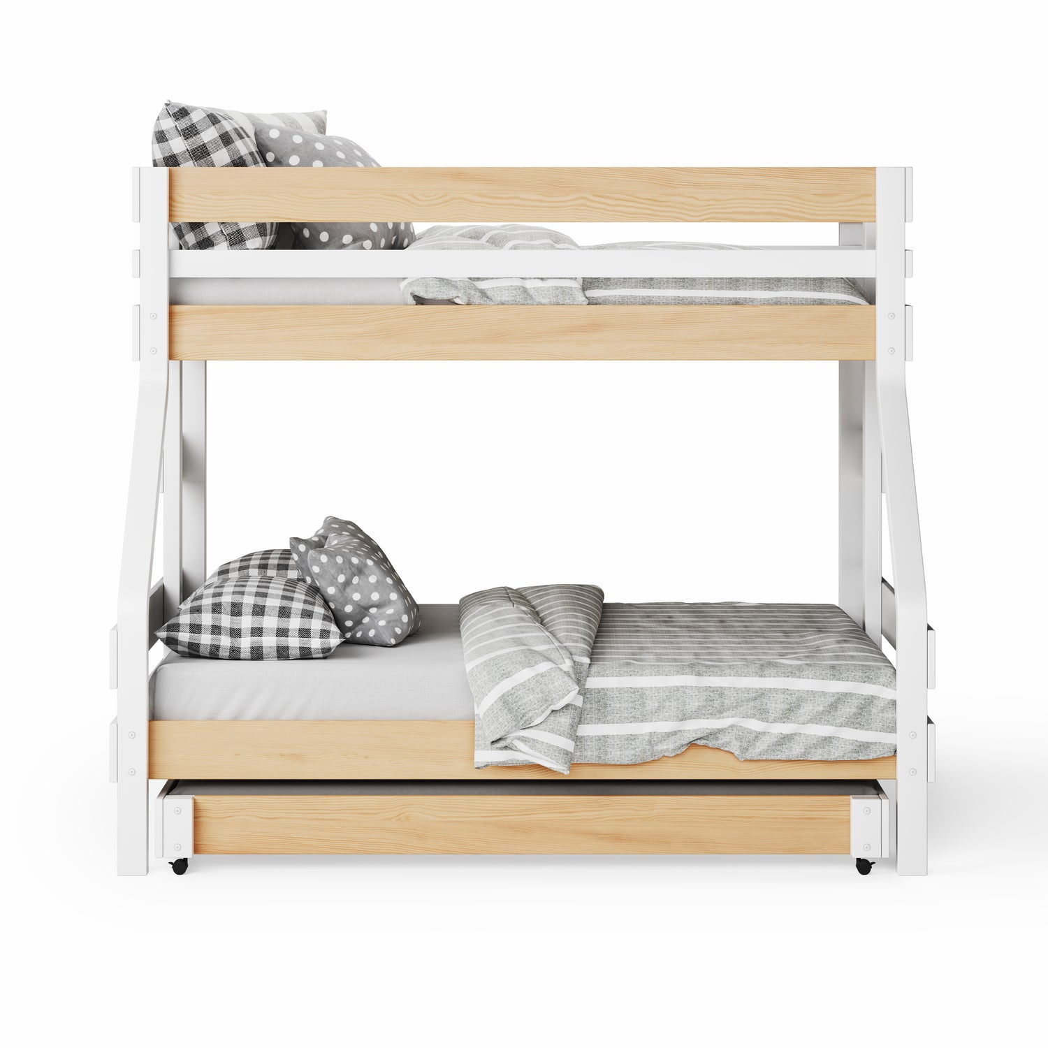 White wooden single over double bunk bed with natural wood accents and gray bedding.
