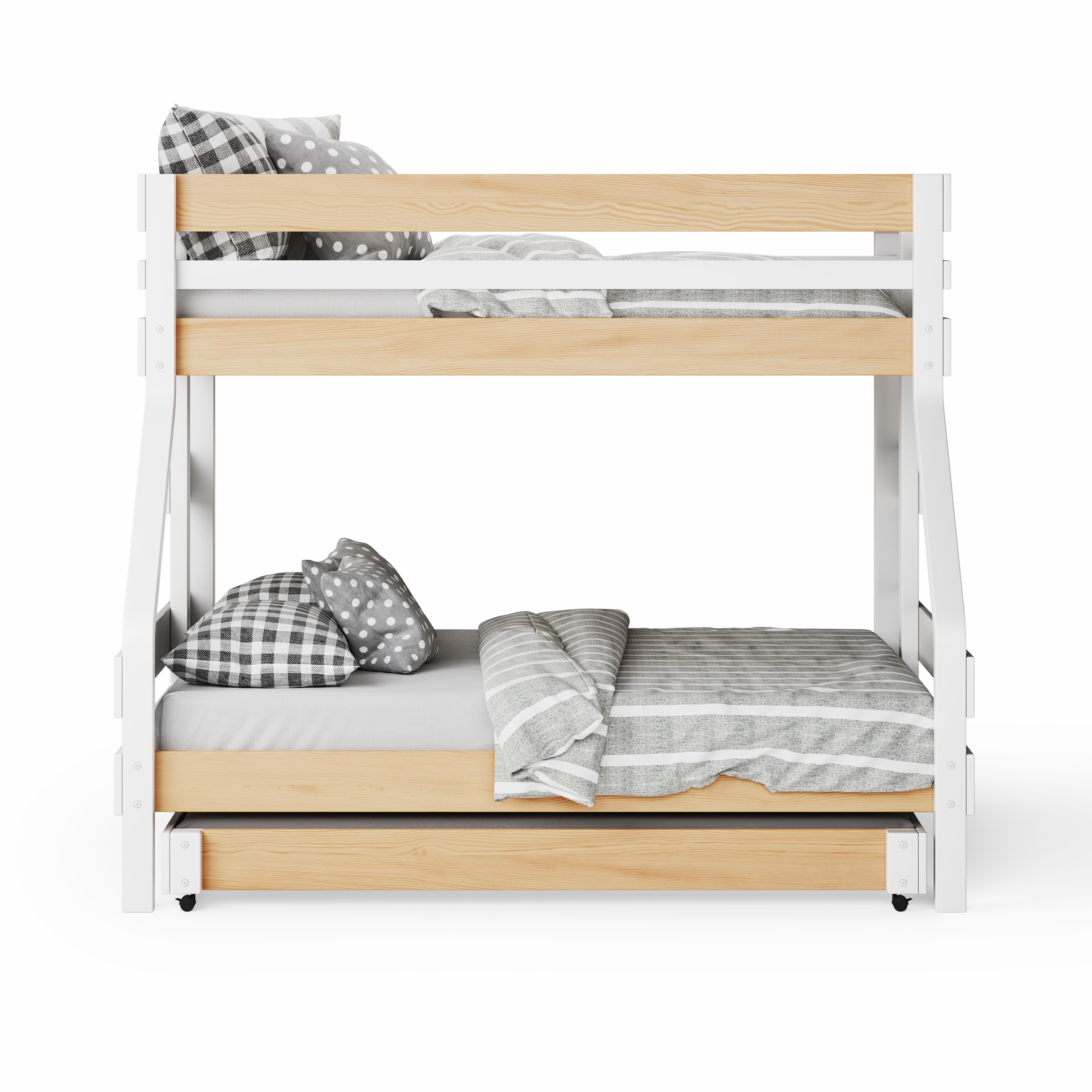 White wooden single over double bunk bed with natural wood accents and gray bedding.