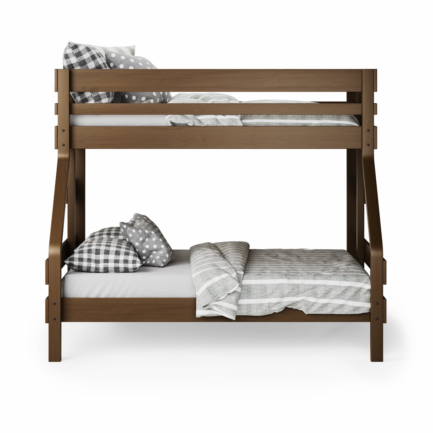 Native elm single over double bunk bed with horizontal slat guardrails and plaid bedding.