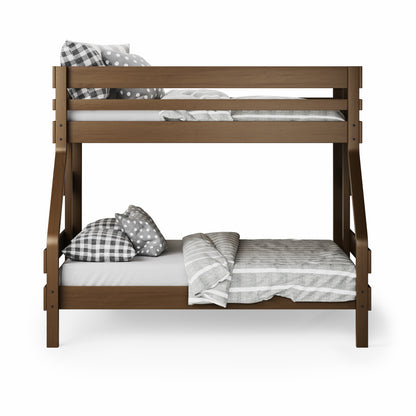 Native elm single over double bunk bed with horizontal slat guardrails and plaid bedding.