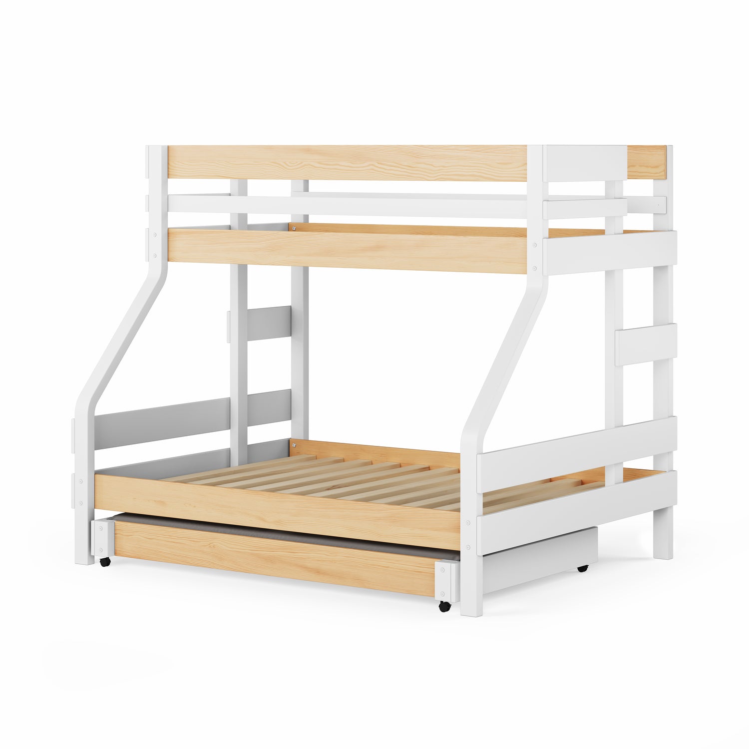 White and natural wood single over double bunk bed with slatted base and safety rails.