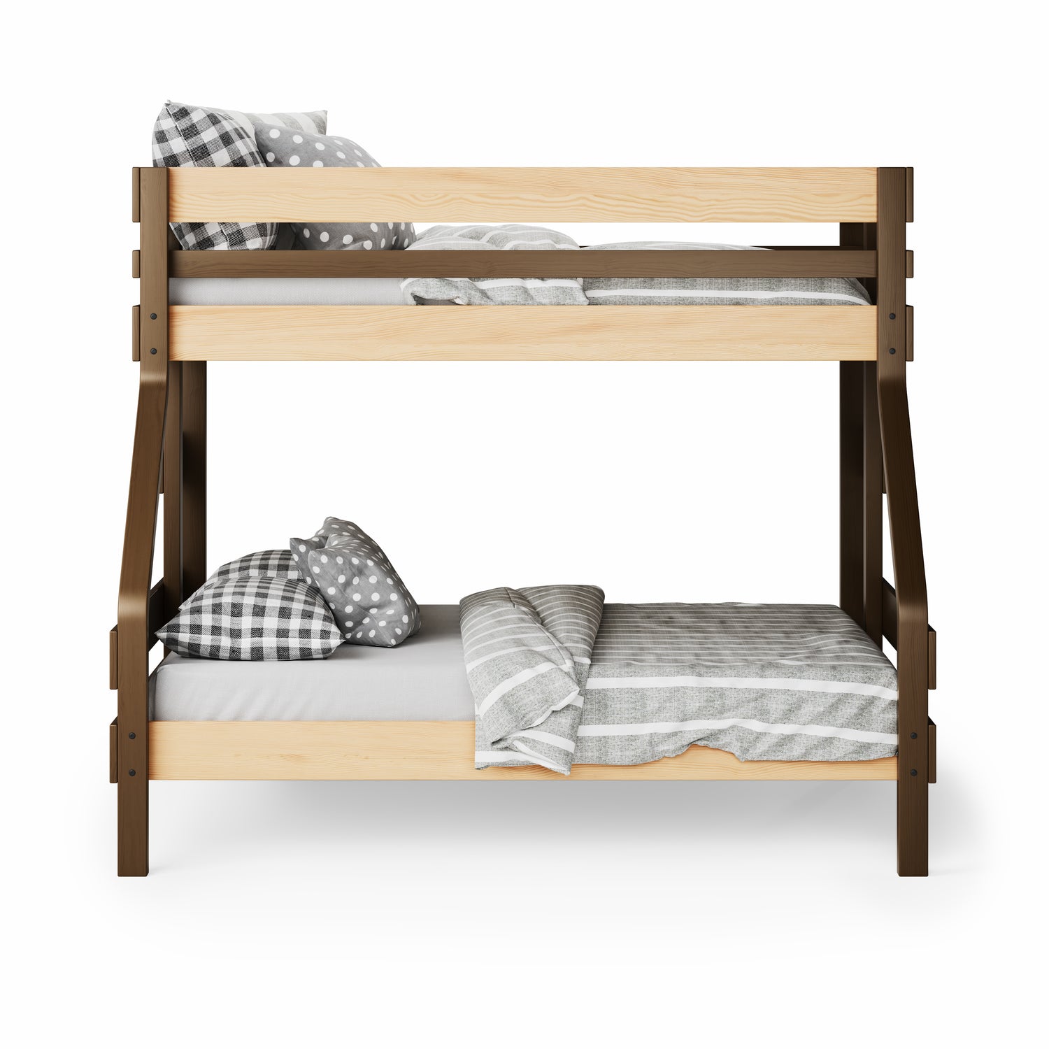 Native elm single over double bunk bed with angled side supports and gray patterned bedding.